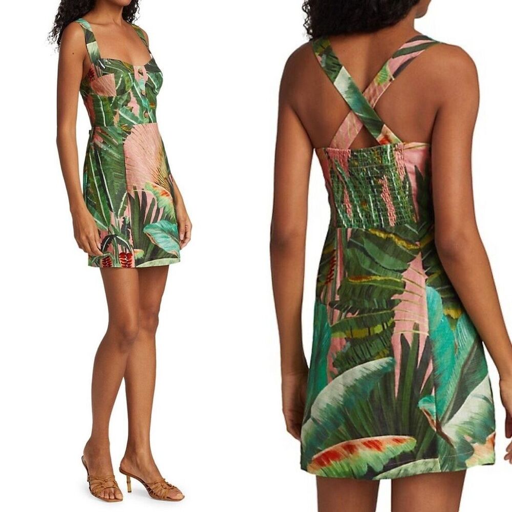 Farm Rio Women Amazonia Forest Mini Dress Linen Tropical Floral Pink Green Leaf